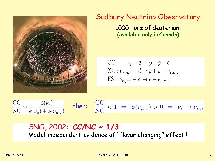 Sudbury Neutrino Observatory 1000 tons of deuterium (available only in Canada) then: SNO, 2002: