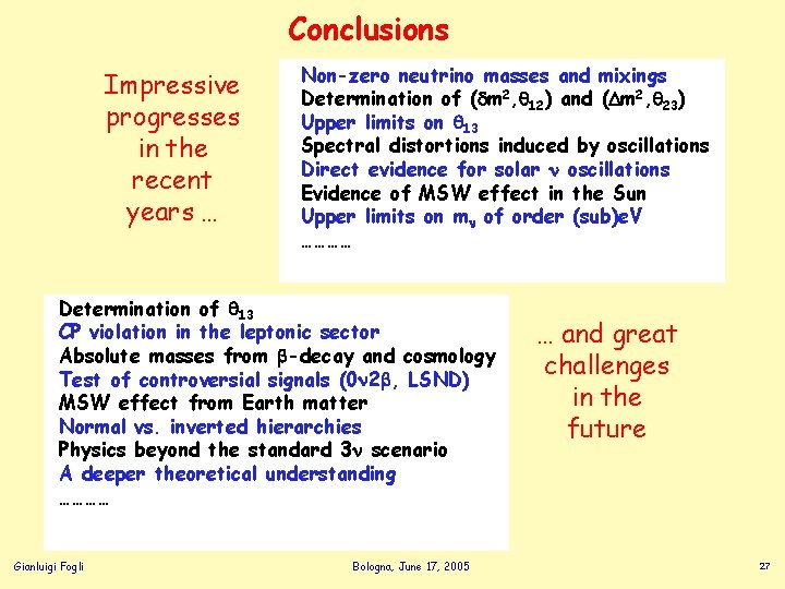Conclusions Impressive progresses in the recent years … Non-zero neutrino masses and mixings Determination