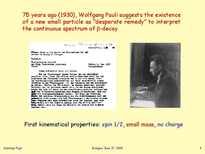 75 years ago (1930), Wolfgang Pauli suggests the existence of a new small particle