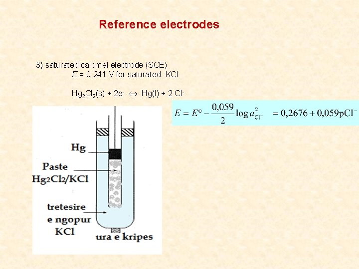 Reference electrodes 3) saturated calomel electrode (SCE) E = 0, 241 V for saturated.