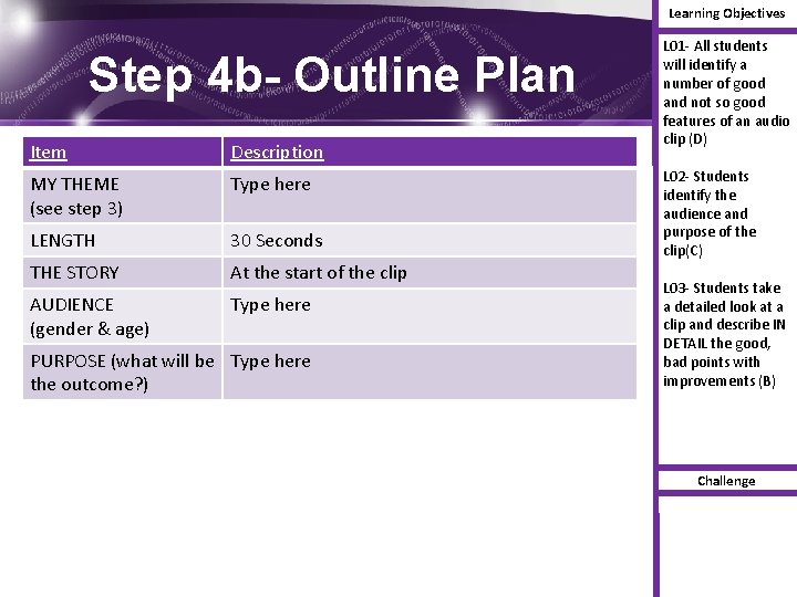 Learning Objectives STEP 1 MY AUDIO PLAN NAME