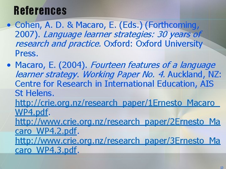 References • Cohen, A. D. & Macaro, E. (Eds. ) (Forthcoming, 2007). Language learner References • Cohen, A. D. & Macaro, E. (Eds. ) (Forthcoming, 2007). Language learner