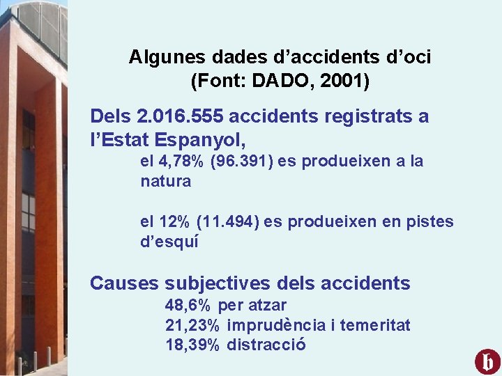 Algunes dades d’accidents d’oci (Font: DADO, 2001) Dels 2. 016. 555 accidents registrats a