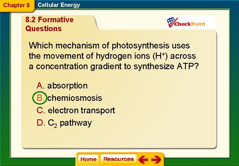 Chapter 8 Cellular Energy 8. 2 Formative Questions Which mechanism of photosynthesis uses the