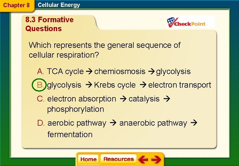 Chapter 8 Cellular Energy 8. 3 Formative Questions Which represents the general sequence of