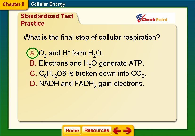 Chapter 8 Cellular Energy Standardized Test Practice What is the final step of cellular