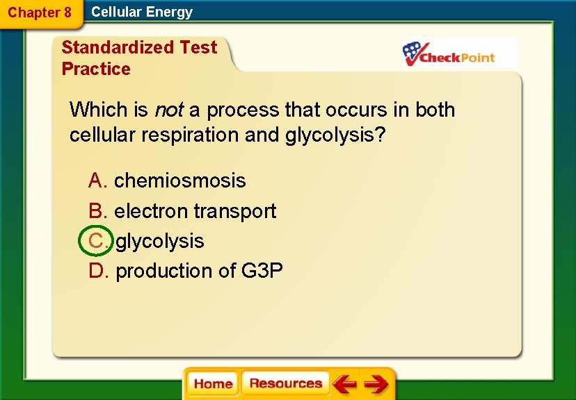 Chapter 8 Cellular Energy Standardized Test Practice Which is not a process that occurs