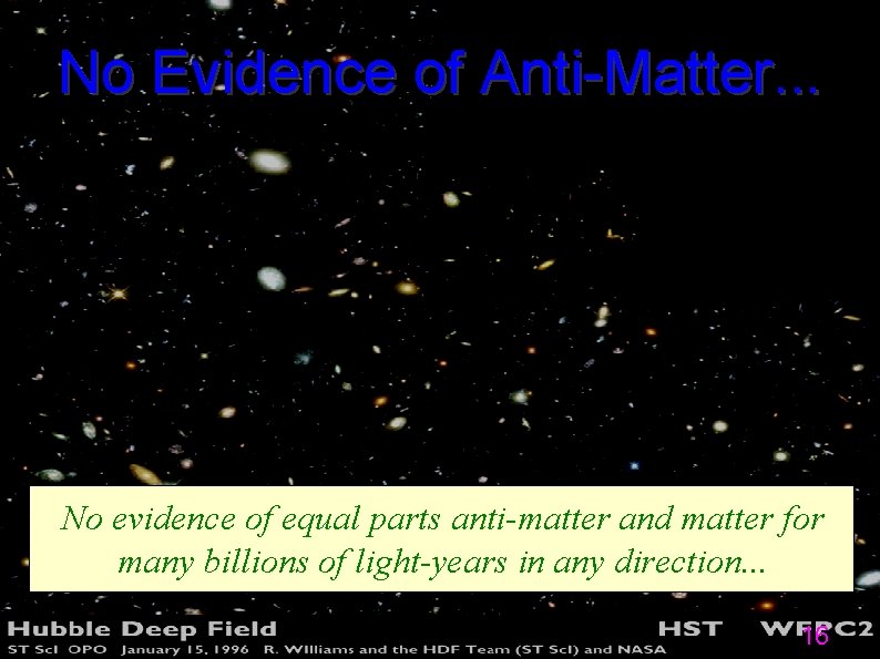 No Evidence of Anti-Matter. . . No evidence of equal parts anti-matter and matter