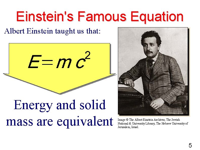 Einstein's Famous Equation Albert Einstein taught us that: Energy and solid mass are equivalent