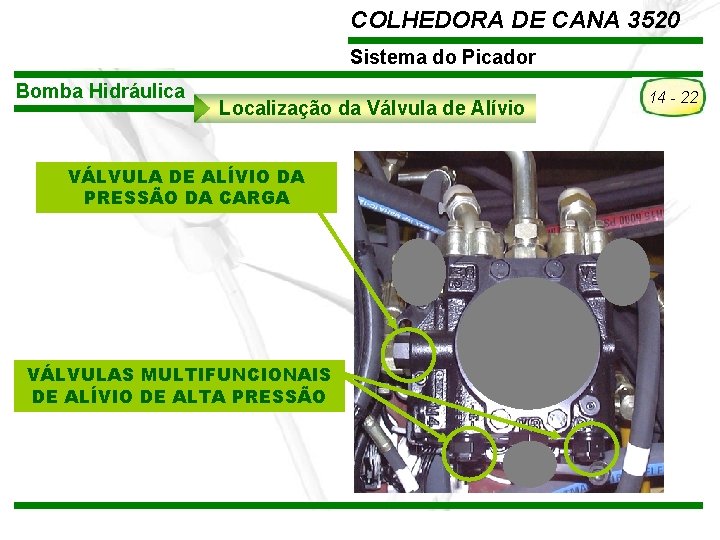 COLHEDORA DE CANA 3520 Sistema do Picador Bomba Hidráulica Localização da Válvula de Alívio