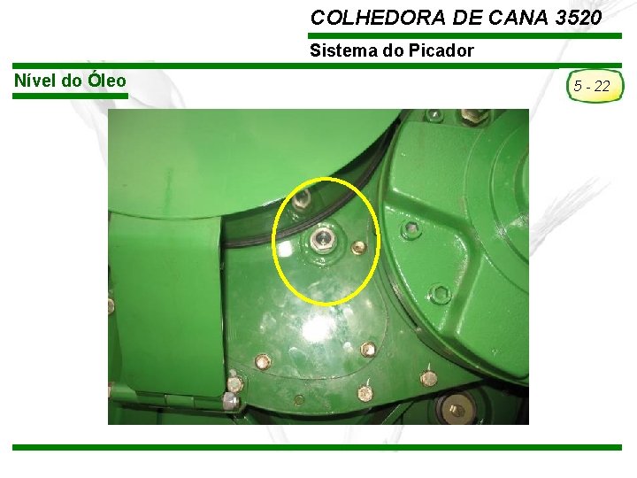 COLHEDORA DE CANA 3520 Sistema do Picador Nível do Óleo 5 - 22 TREINAMENTO