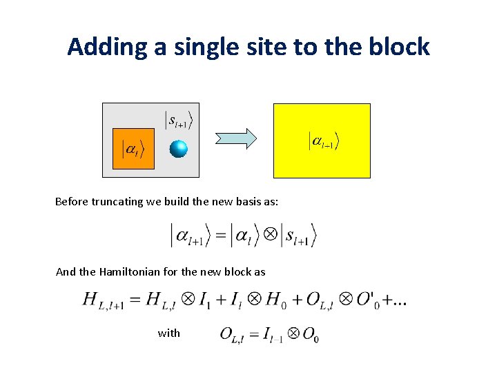 Adding a single site to the block Before truncating we build the new basis