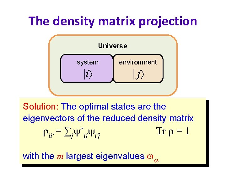 The density matrix projection Universe system environment |i | j Solution: The states are