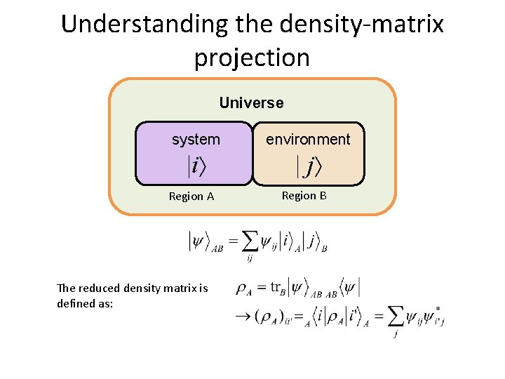 Understanding the density-matrix projection Universe system environment |i | j Region A The reduced