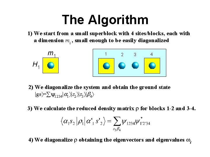 The Algorithm 1) We start from a small superblock with 4 sites/blocks, each with