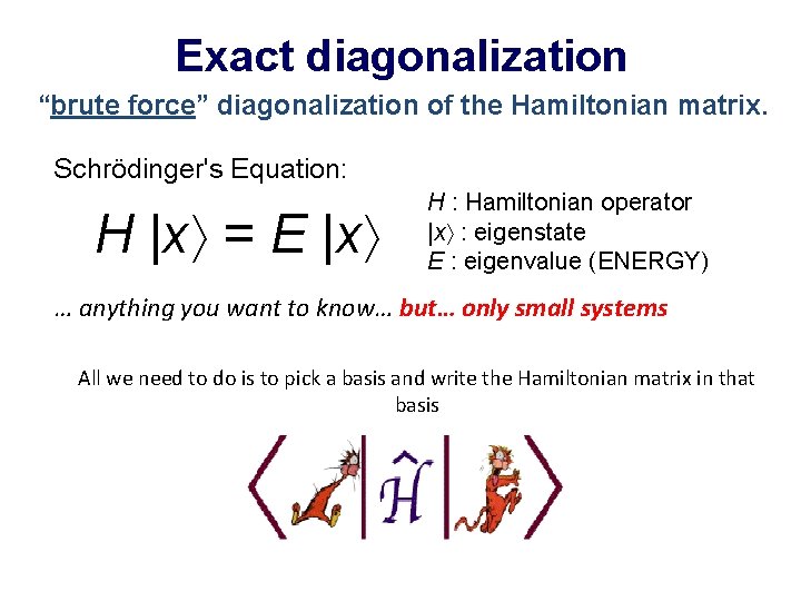 Exact diagonalization “brute force” diagonalization of the Hamiltonian matrix. Schrödinger's Equation: H |x =