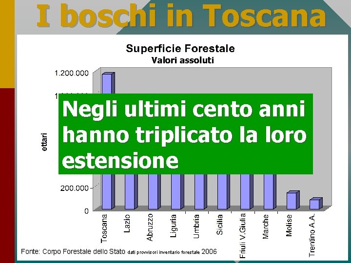 I boschi in Toscana Valori assoluti Negli ultimi cento anni hanno triplicato la loro