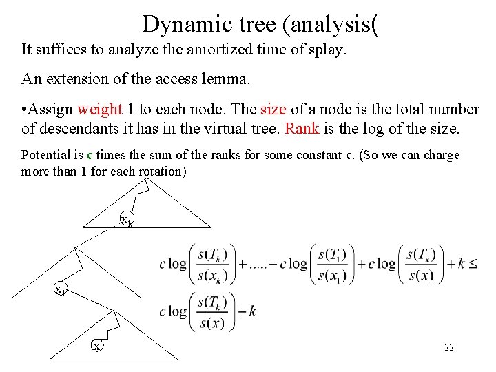 Dynamic tree (analysis( It suffices to analyze the amortized time of splay. An extension