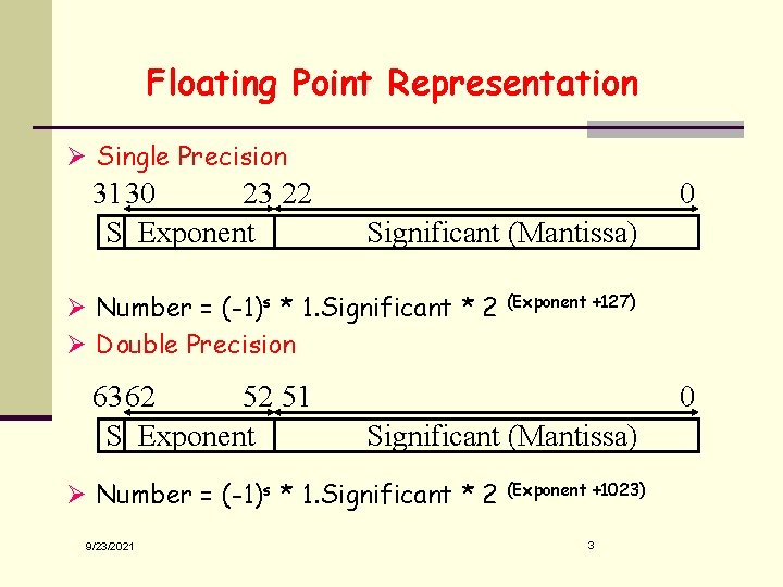 Floating Point Representation Ø Single Precision 31 30 23 22 S Exponent 0 Significant