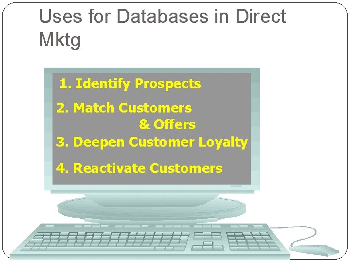 Uses for Databases in Direct Mktg 1. Identify Prospects 2. Match Customers & Offers