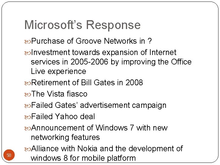 Microsoft’s Response Purchase of Groove Networks in ? Investment towards expansion of Internet 58