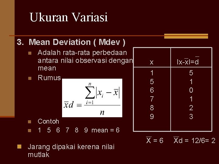 Ukuran Variasi 3. Mean Deviation ( Mdev ) n n Adalah rata-rata perbedaan antara