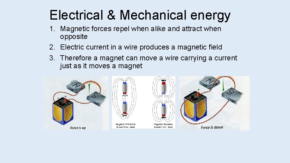 Electrical & Mechanical energy 1. Magnetic forces repel when alike and attract when opposite