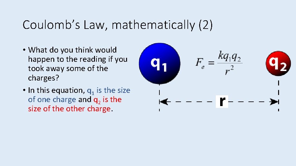 Coulomb’s Law, mathematically (2) • What do you think would happen to the reading