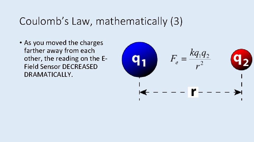 Coulomb’s Law, mathematically (3) • As you moved the charges farther away from each