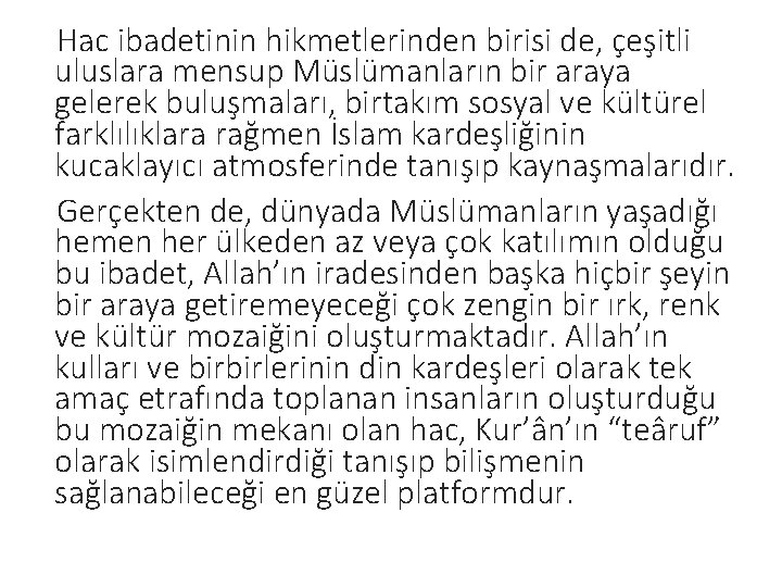 Hac ibadetinin hikmetlerinden birisi de, çeşitli uluslara mensup Müslümanların bir araya gelerek buluşmaları, birtakım