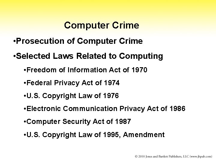 Computer Crime • Prosecution of Computer Crime • Selected Laws Related to Computing •