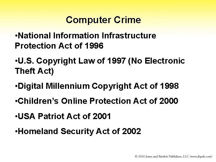 Computer Crime • National Information Infrastructure Protection Act of 1996 • U. S. Copyright