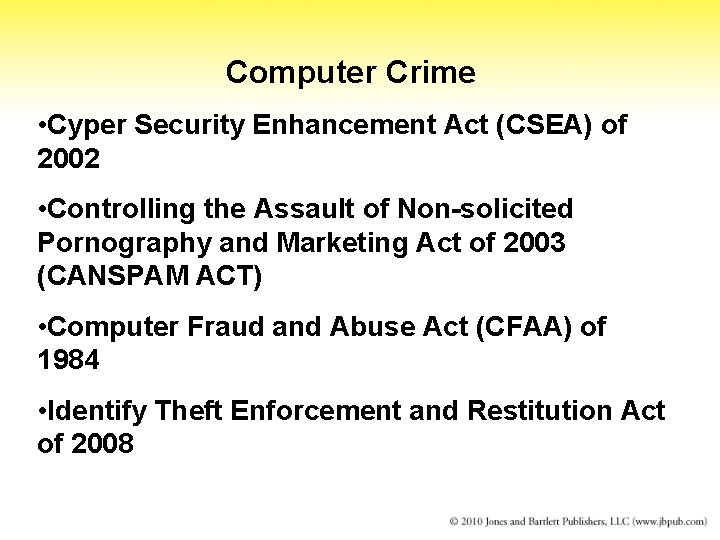 Computer Crime • Cyper Security Enhancement Act (CSEA) of 2002 • Controlling the Assault