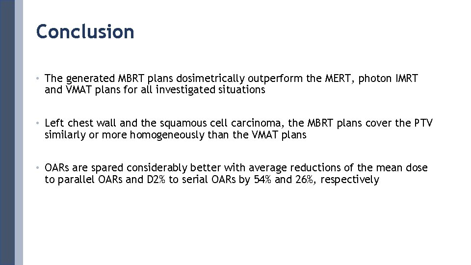 Conclusion • The generated MBRT plans dosimetrically outperform the MERT, photon IMRT and VMAT