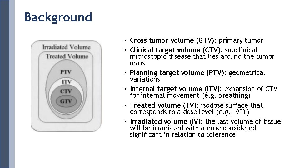 Background • Cross tumor volume (GTV): primary tumor • Clinical target volume (CTV): subclinical