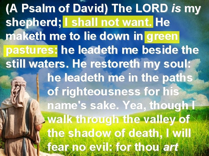 (A Psalm of David) The LORD is my shepherd; I shall not want. He