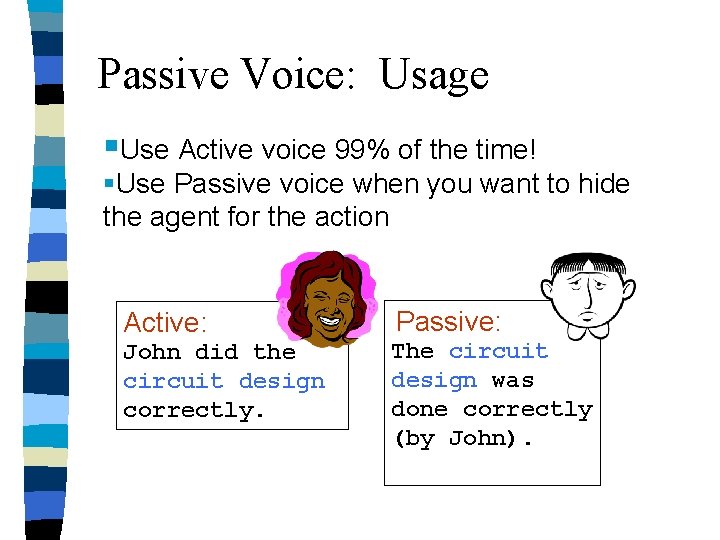 Passive Voice: Usage §Use Active voice 99% of the time! §Use Passive voice when