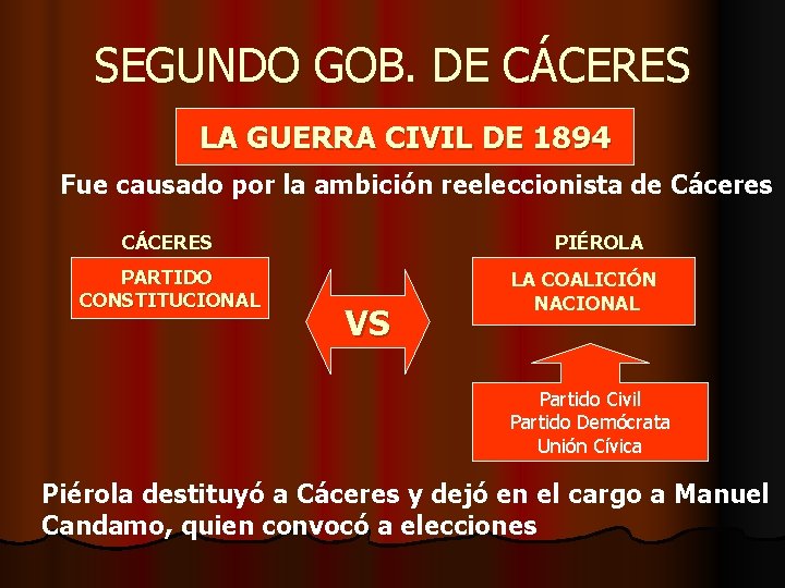 SEGUNDO GOB. DE CÁCERES LA GUERRA CIVIL DE 1894 Fue causado por la ambición