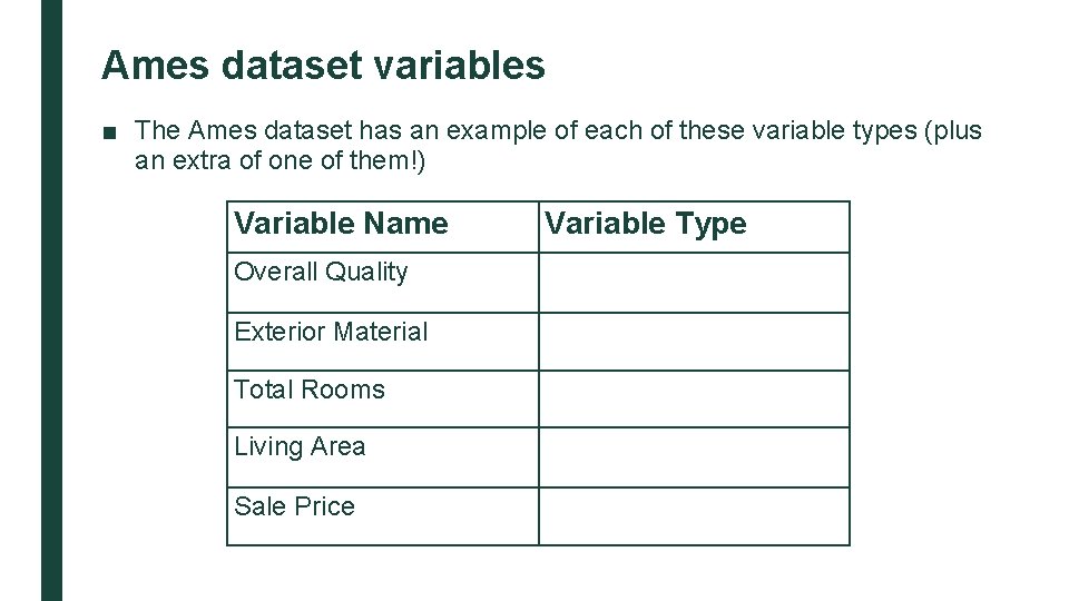 Ames dataset variables ■ The Ames dataset has an example of each of these