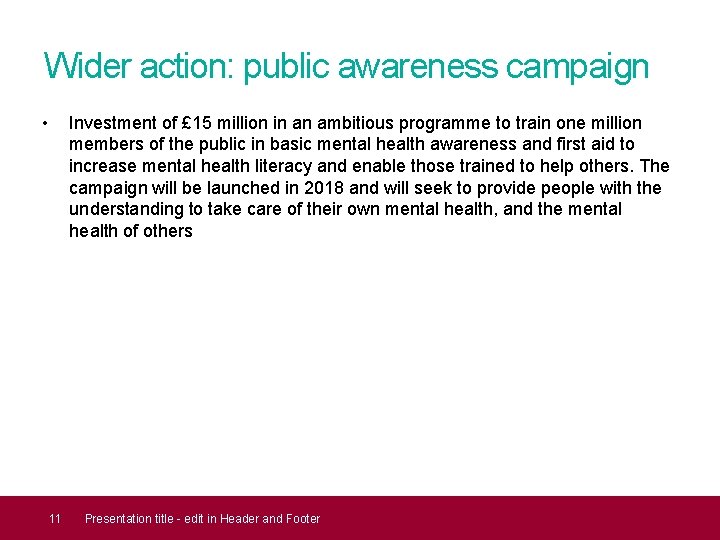Wider action: public awareness campaign • 11 Investment of £ 15 million in an Wider action: public awareness campaign • 11 Investment of £ 15 million in an