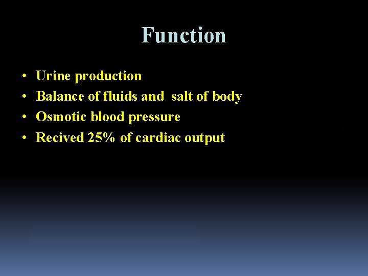 Function • • Urine production Balance of fluids and salt of body Osmotic blood