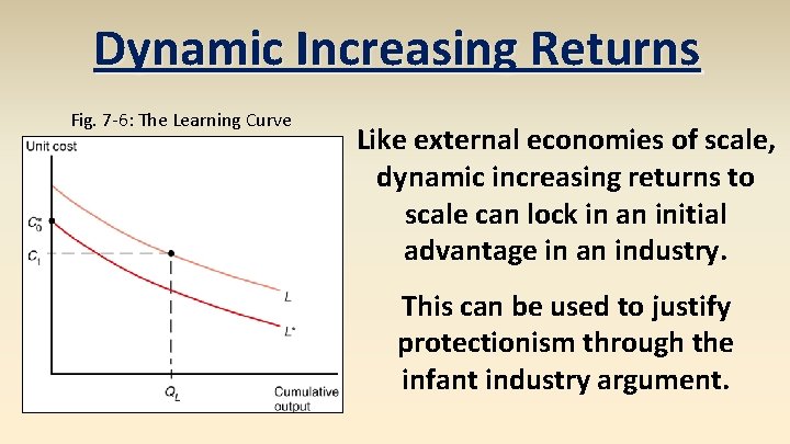 Dynamic Increasing Returns Fig. 7 -6: The Learning Curve Like external economies of scale,