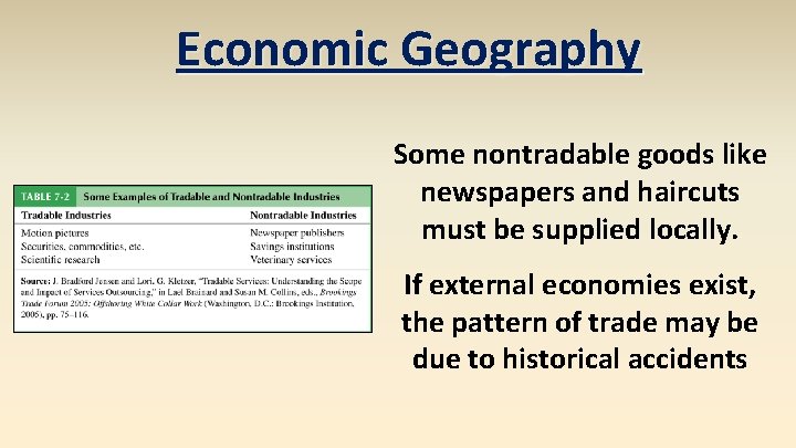 Economic Geography Some nontradable goods like newspapers and haircuts must be supplied locally. If