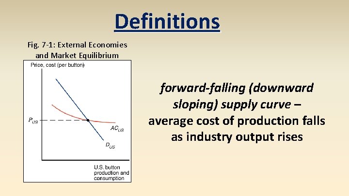 Definitions Fig. 7 -1: External Economies and Market Equilibrium forward-falling (downward sloping) supply curve