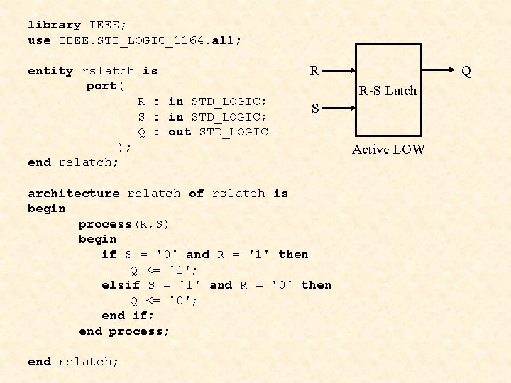 library IEEE; use IEEE. STD_LOGIC_1164. all; entity rslatch is port( R : in STD_LOGIC;