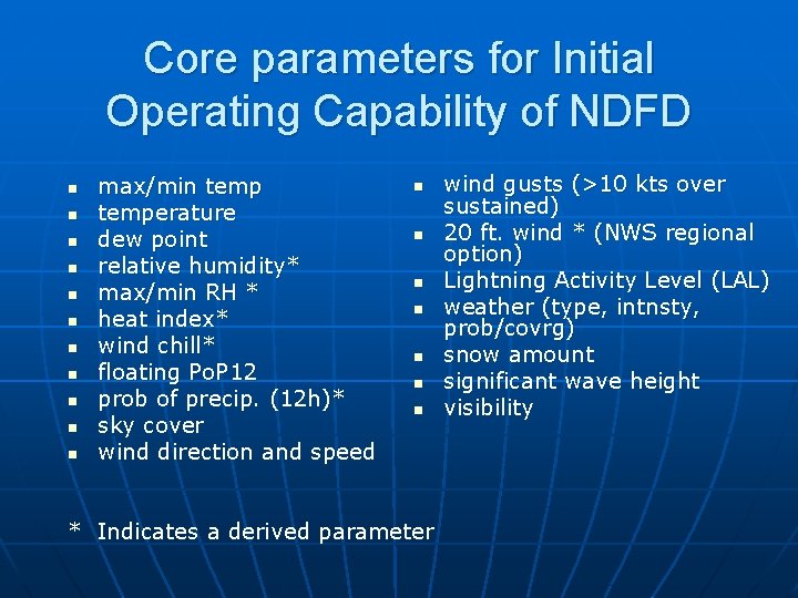 Core parameters for Initial Operating Capability of NDFD n n n max/min temperature dew