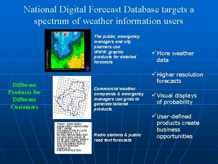 National Digital Forecast Database targets a spectrum of weather information users The public, emergency
