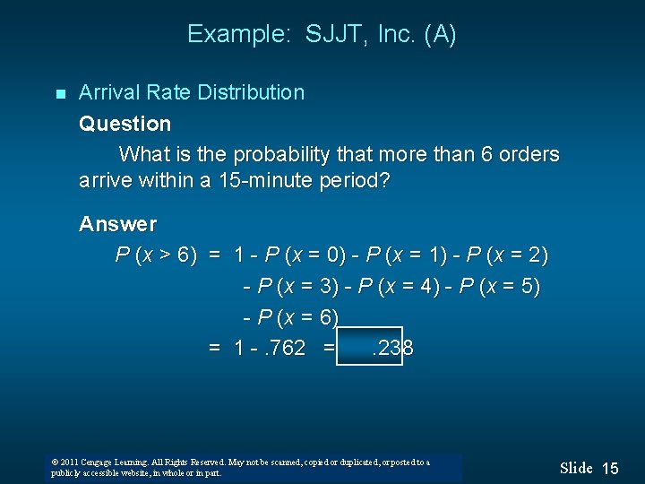 Example: SJJT, Inc. (A) n Arrival Rate Distribution Question What is the probability that