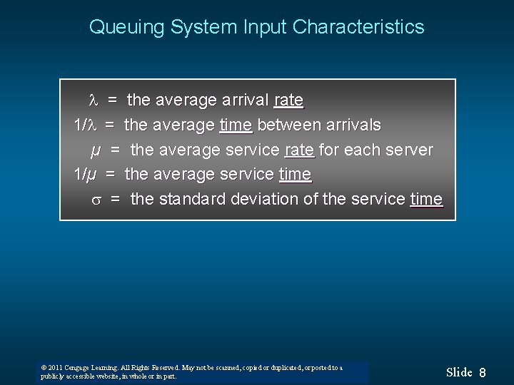 Queuing System Input Characteristics = the average arrival rate 1/ = the average time