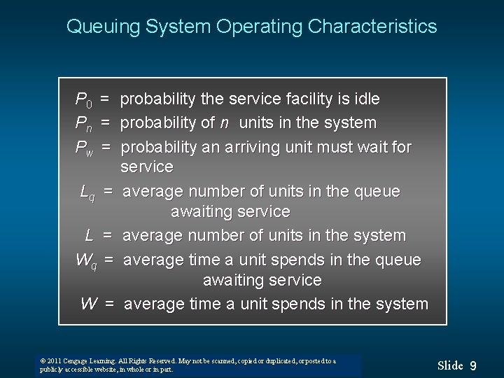 Queuing System Operating Characteristics P 0 Pn Pw Lq L Wq W = =